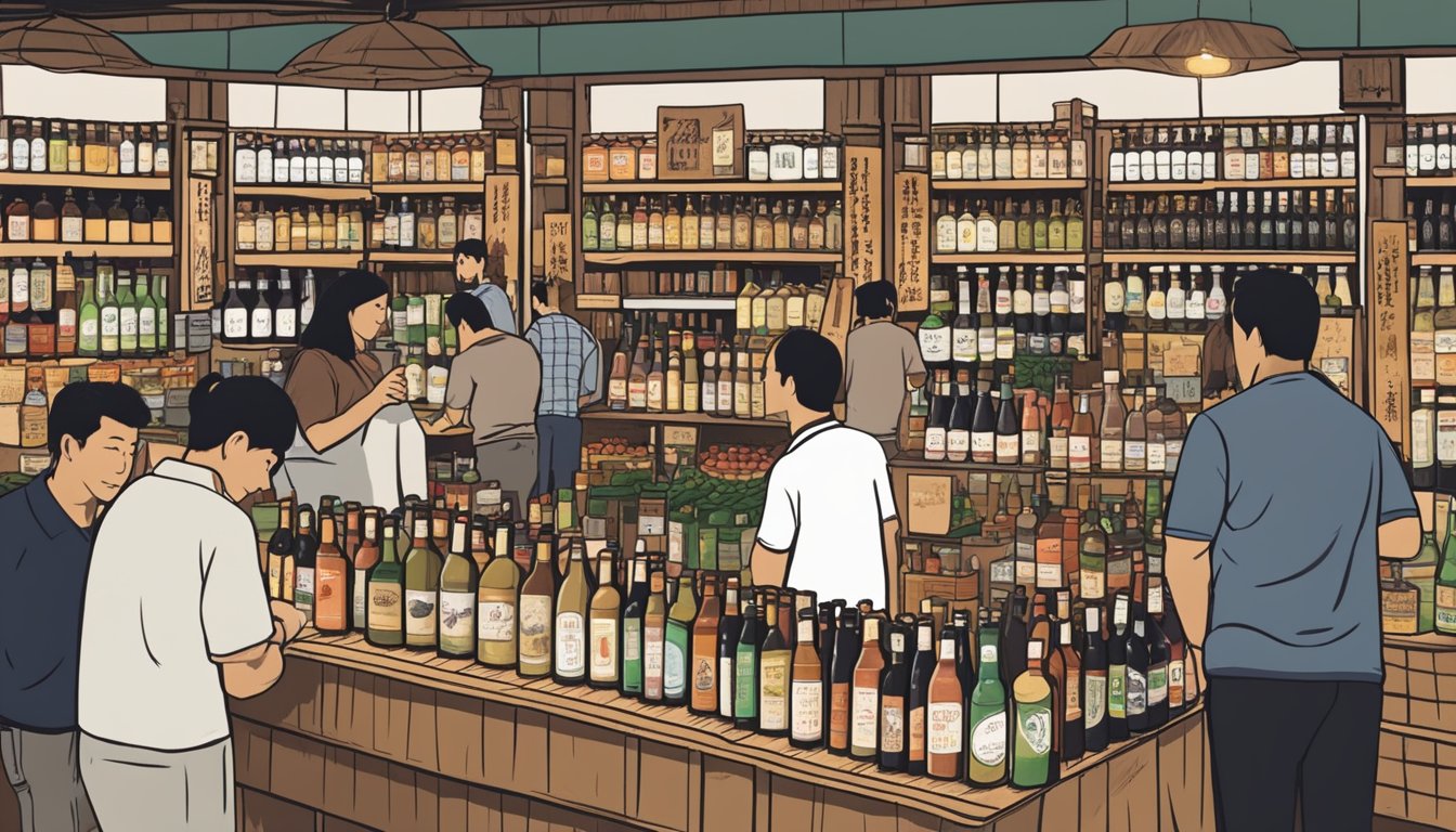 A bustling market with shelves of various shochu brands from Texas and beyond, with vendors and customers discussing and sampling the different offerings