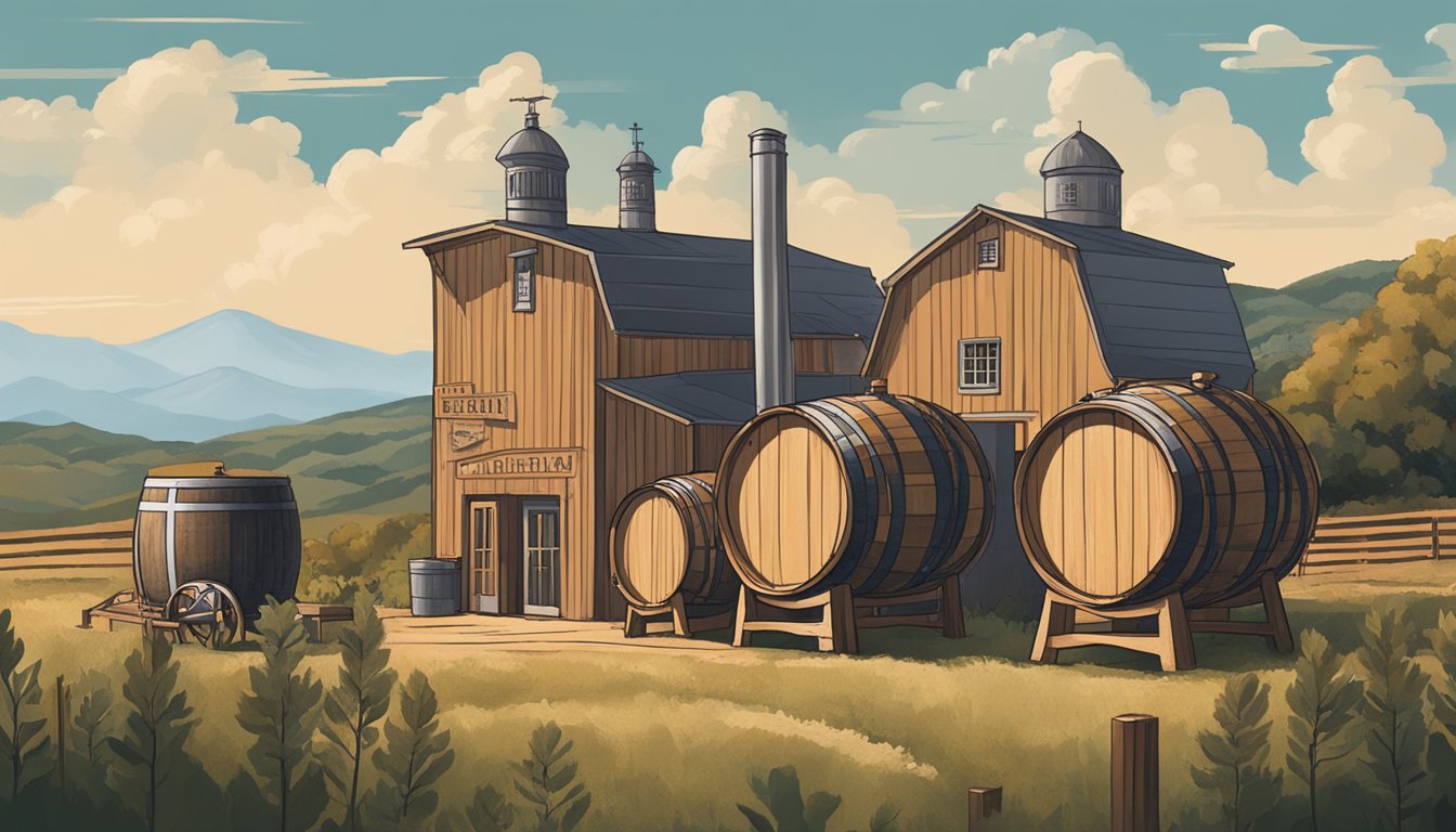 A bustling Texas distillery with copper stills and oak barrels aging amaro, surrounded by fields of local botanicals and a backdrop of rolling hills