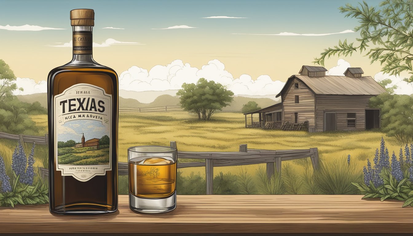 A rustic Texas landscape with wild herbs and botanicals, a distillery in the background, and a bottle of Texas-made amaro as the focal point