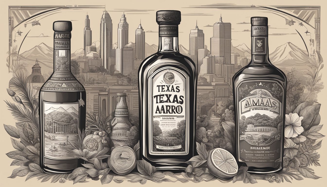 A bottle of Texas-made amaro surrounded by various cultural symbols and imagery, representing its impact on the state's identity and traditions