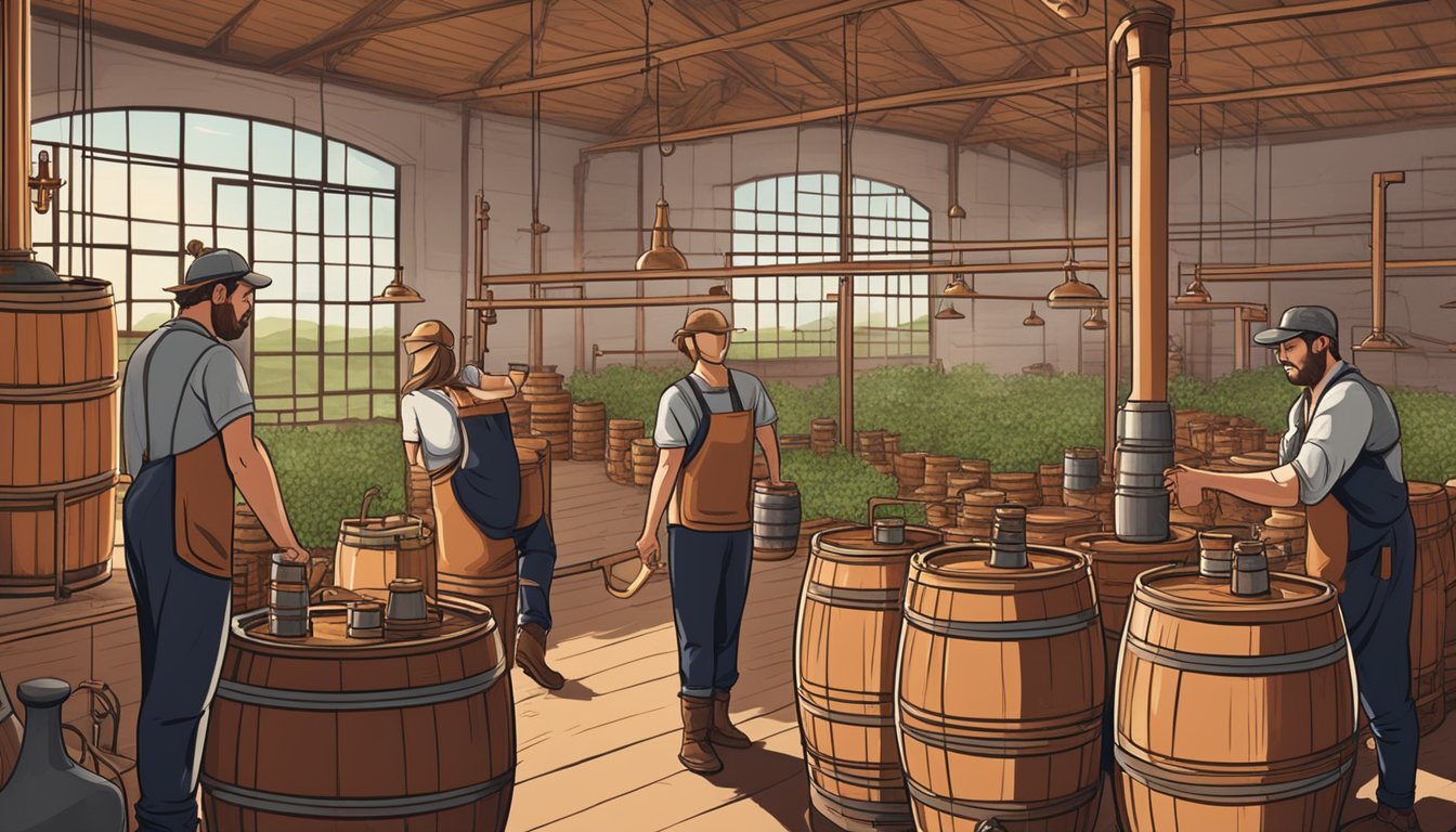 A distillery in Texas, with copper stills and barrels, surrounded by fields of herbs and spices. A team of workers carefully crafting and bottling amaro