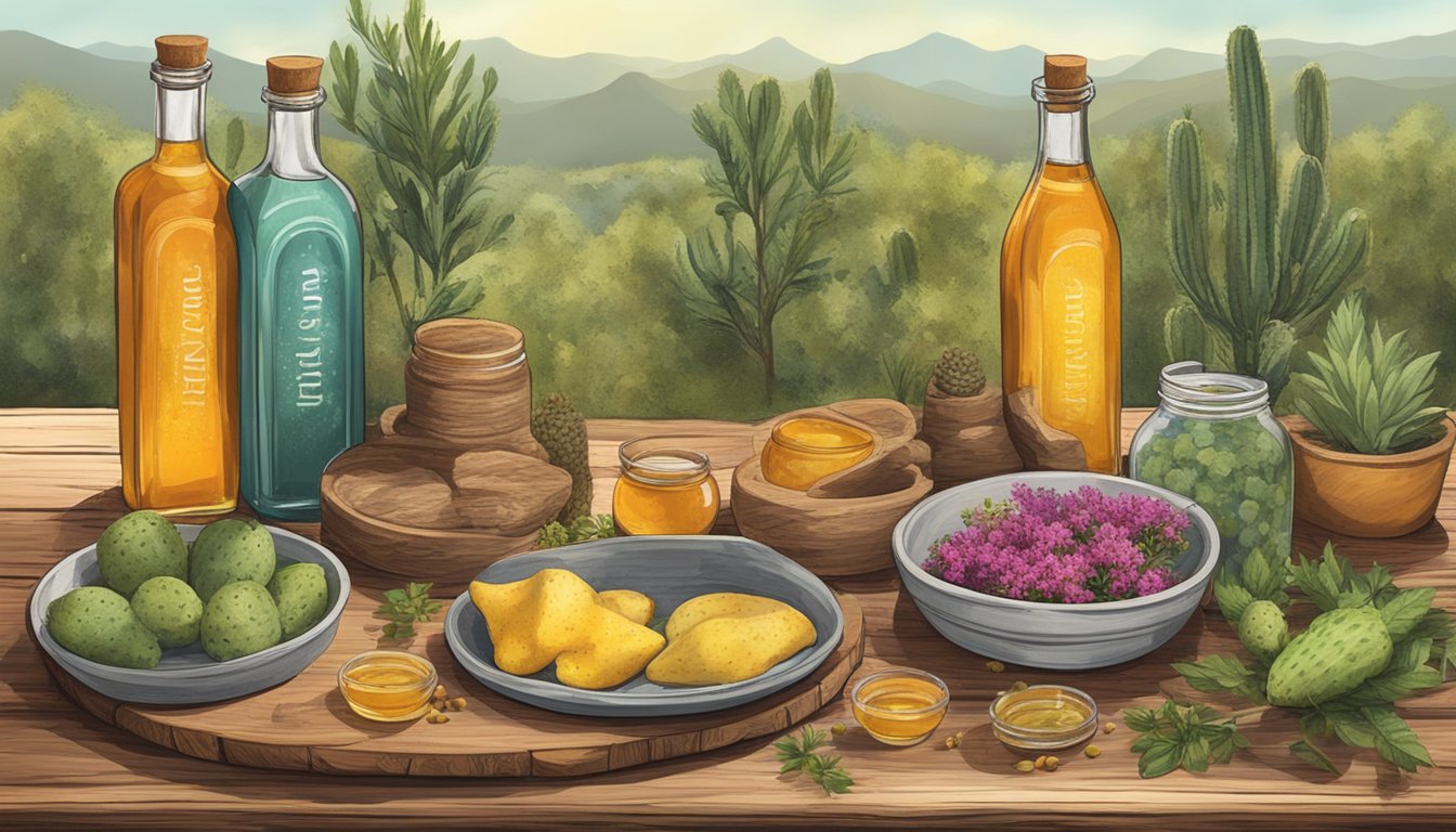 A rustic wooden table with bottles of local Texas ingredients like mesquite, prickly pear, and wildflower honey, surrounded by native herbs and spices