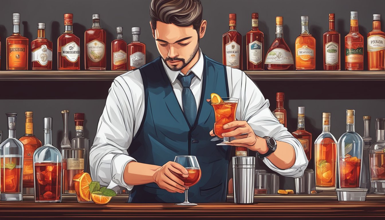 A bartender expertly prepares and presents a classic Negroni cocktail with precision and attention to detail