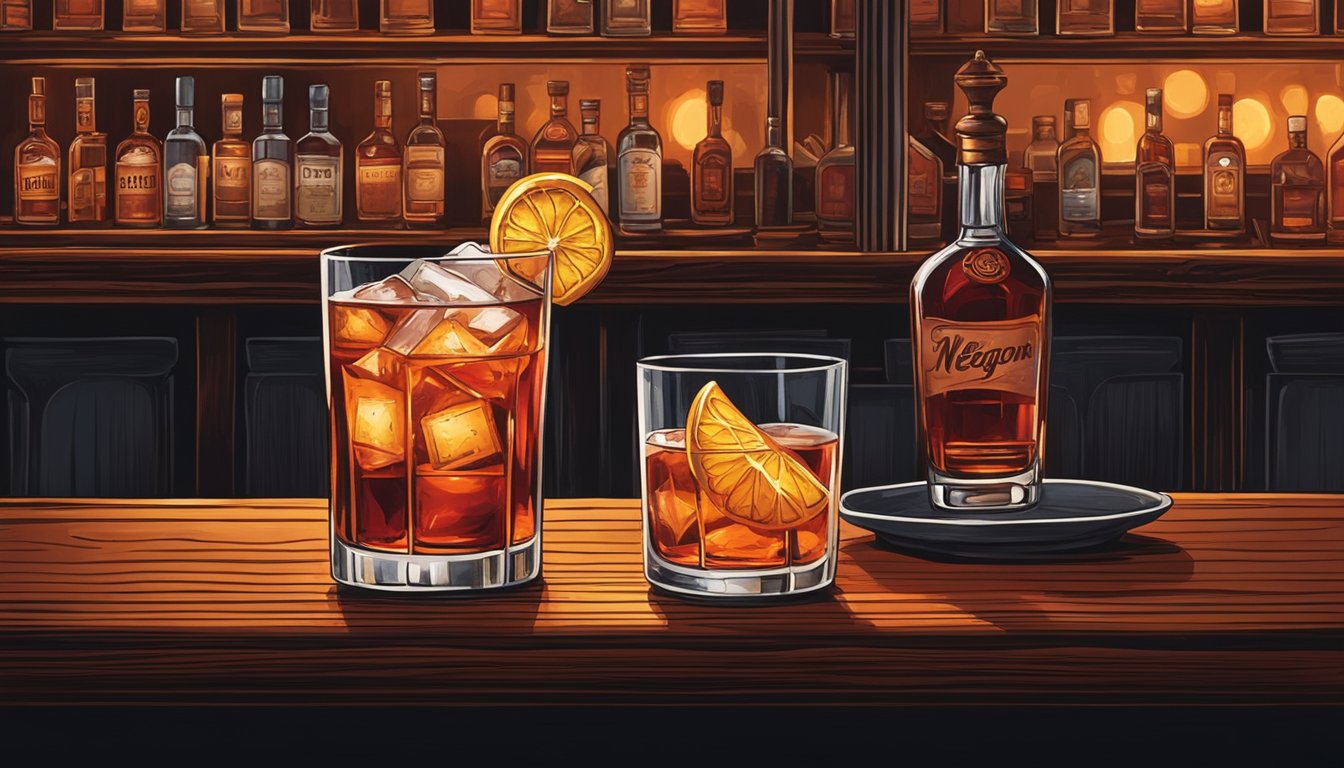 A classic Negroni cocktail sits on a rustic wooden bar in a Texas bar scene, surrounded by vintage glassware and dimly lit by warm, ambient lighting