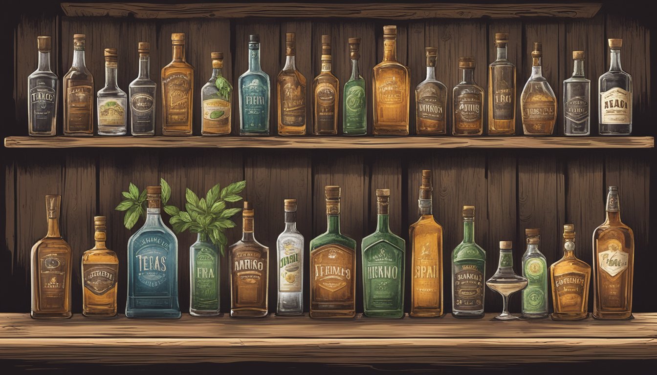 A rustic bar setting with a variety of Texas-made amaro bottles displayed on a weathered wooden shelf, surrounded by vintage cocktail glasses and fresh herbs