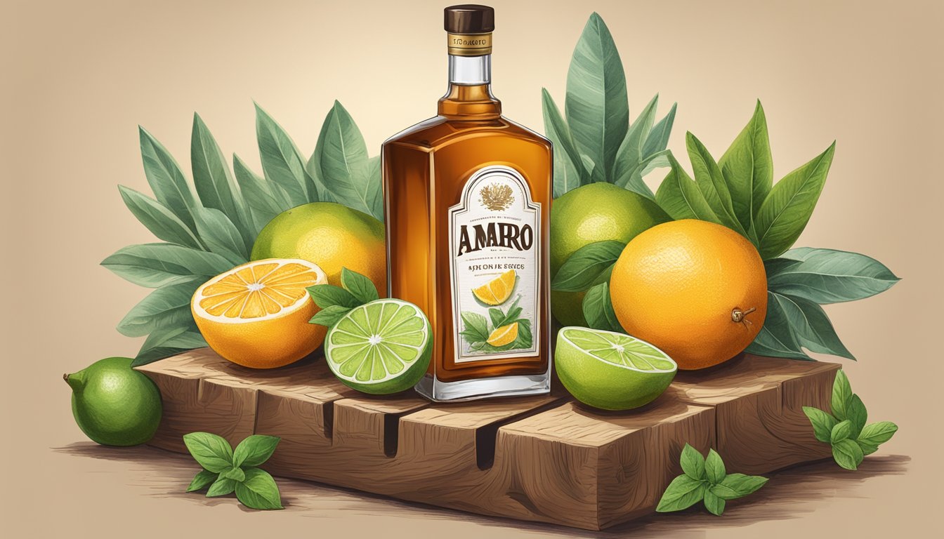 A bottle of Texas-made amaro stands on a rustic wooden bar, surrounded by fresh citrus fruits and aromatic herbs