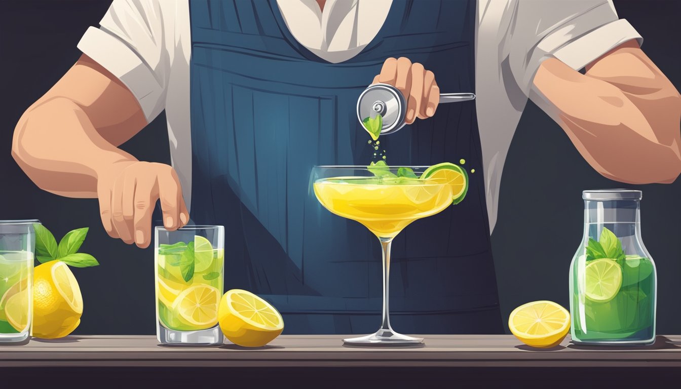 A bartender expertly mixes and pours ingredients into a cocktail shaker, then strains the mixture into a chilled glass, garnishing with a twist of lemon