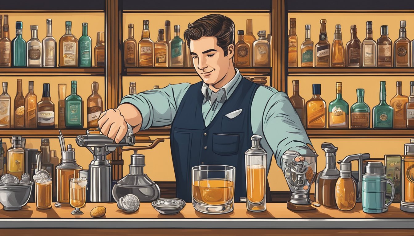 A bartender expertly mixes ingredients for a sidecar cocktail, surrounded by vintage bar tools and a Texas-themed backdrop