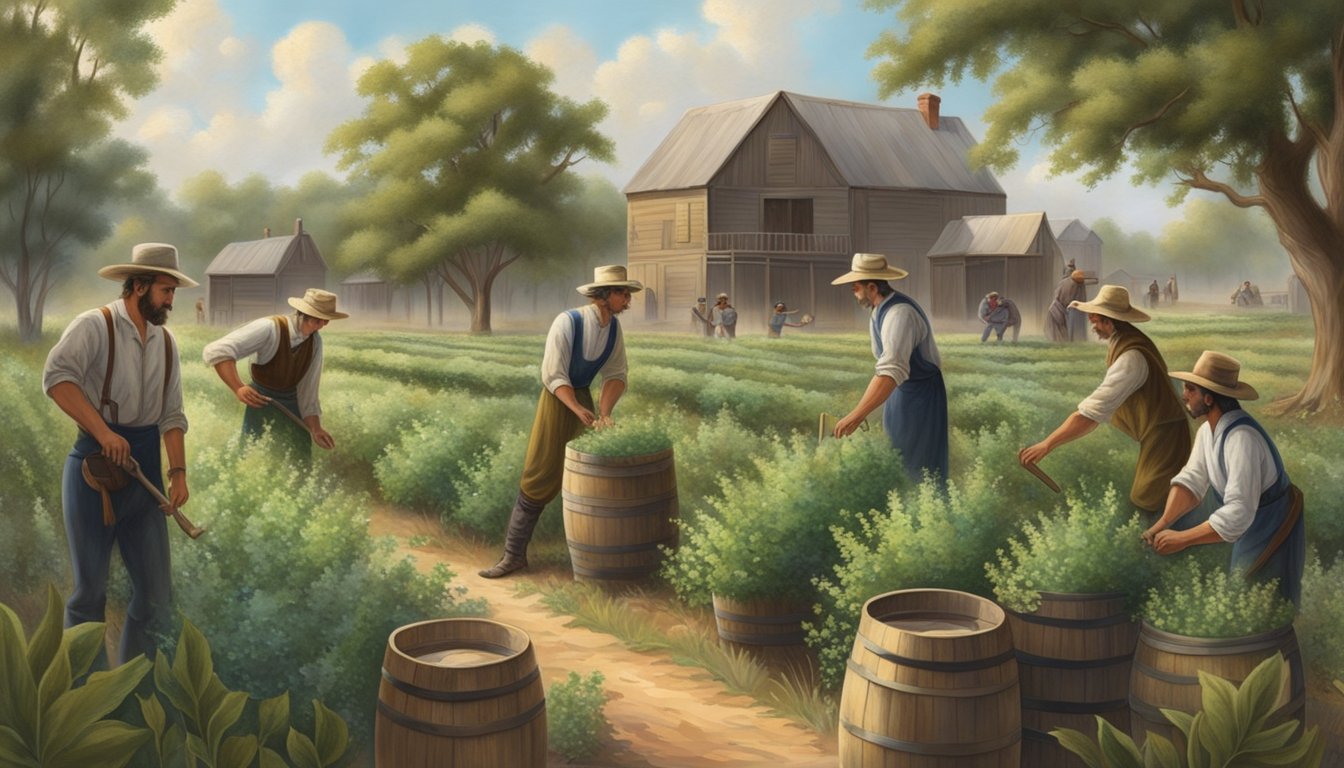 A group of settlers in 19th century Texas cultivate fields of aromatic herbs, while others distill and age wine in oak barrels nearby