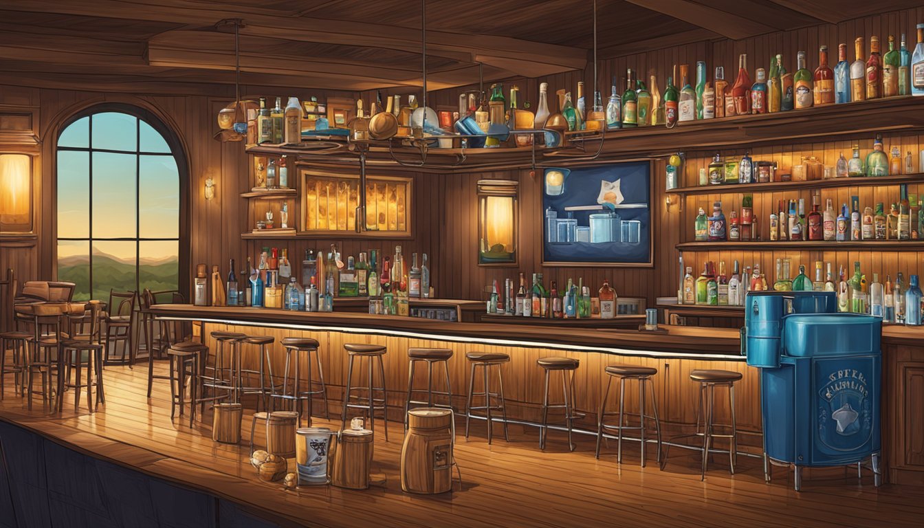 A bar set with Texas-themed cocktails and music memorabilia