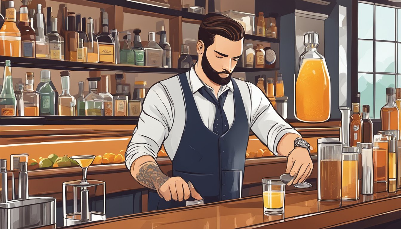 A bartender expertly prepares a sidecar cocktail, carefully measuring and mixing the ingredients in a stylish and inviting Texas bar setting