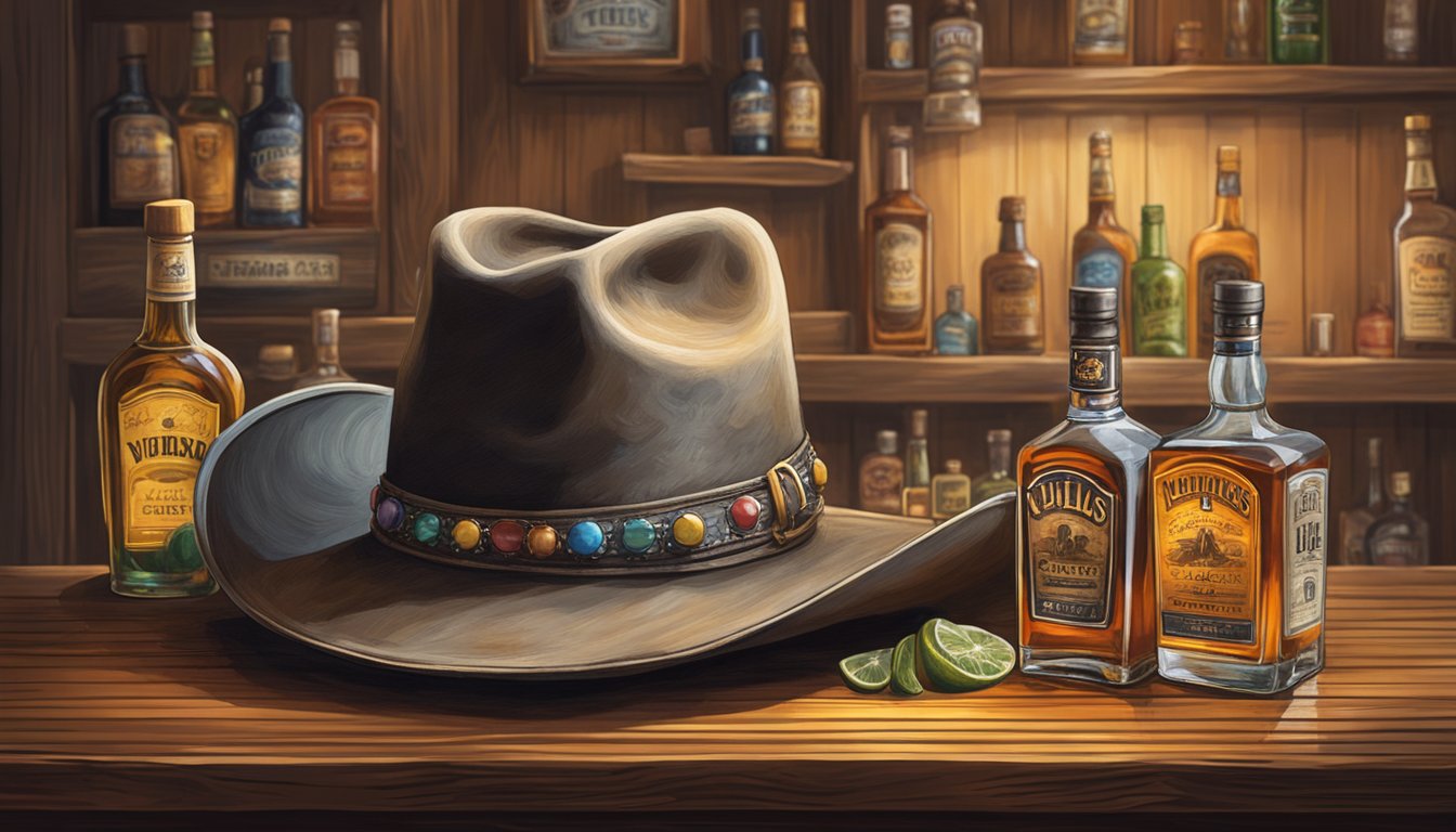 A lone cowboy hat sits atop a weathered wooden bar, surrounded by bottles of whiskey and tequila. A vintage jukebox plays music from Texas legends