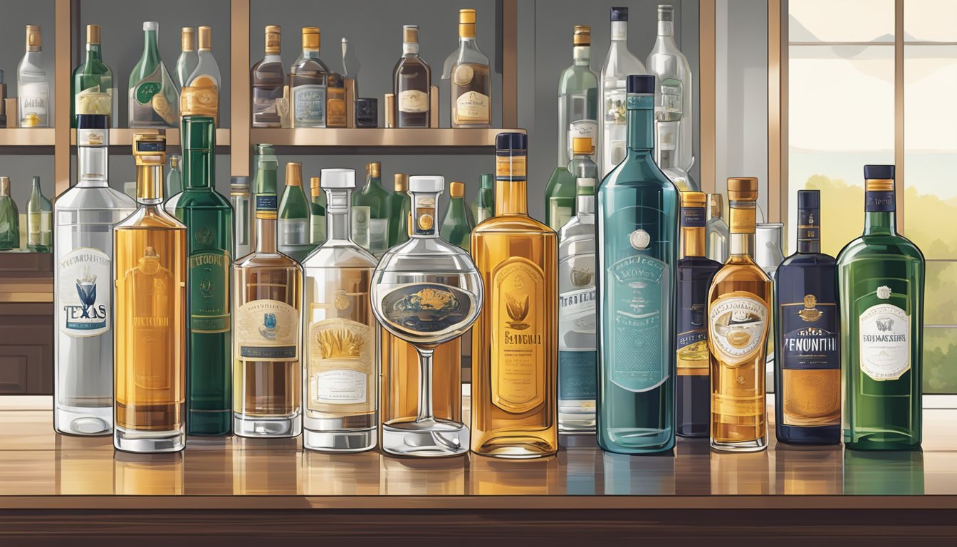 A sleek, modern bar setting with a prominent display of Texas-made vermouth bottles. Contemporary glassware and cocktail ingredients are arranged neatly on the counter