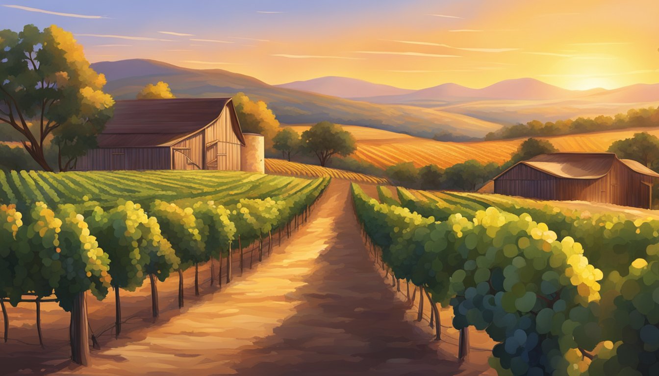 A rustic winery nestled in the Texas Hill Country, with rows of vibrant grapevines stretching towards the horizon under the warm, golden glow of the setting sun