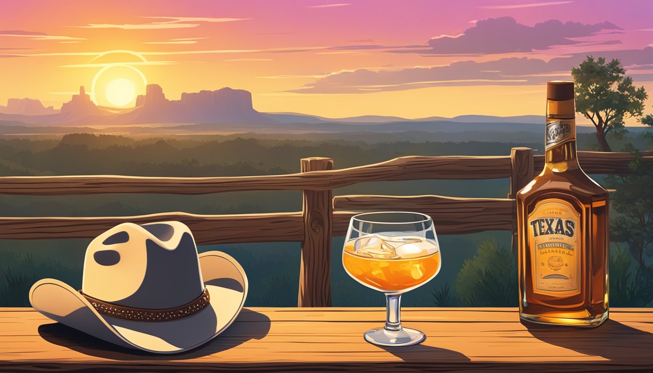 A lone cowboy hat rests on a weathered wooden bar next to a glass filled with a vibrant, Texas-inspired cocktail. The sounds of classic country music fill the air as the sun sets over the horizon