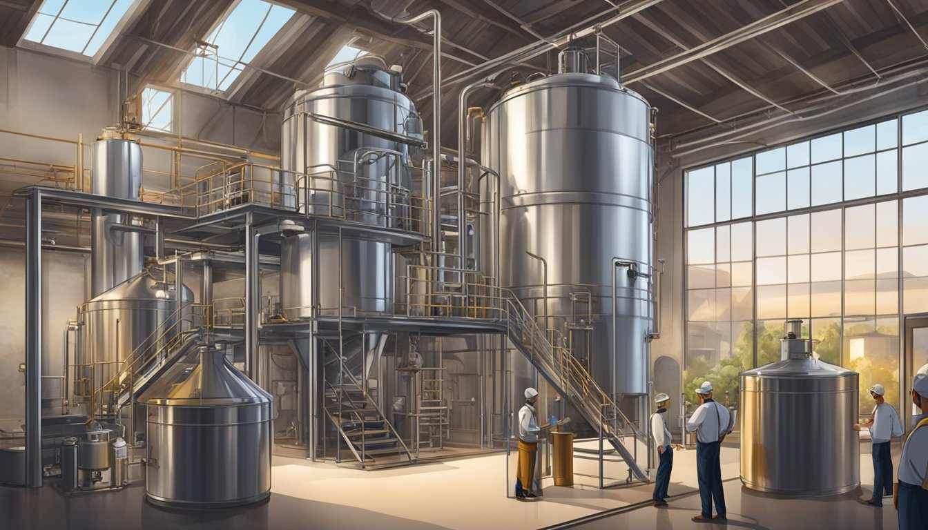 A bottle of Texas-made vermouth being produced in a modern distillery with industrial equipment and workers overseeing the process