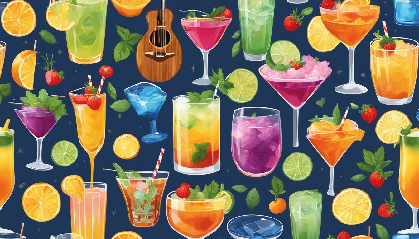 A colorful array of cocktails adorned with iconic Texas music symbols and garnishes, set against a backdrop of musical instruments and stage lights