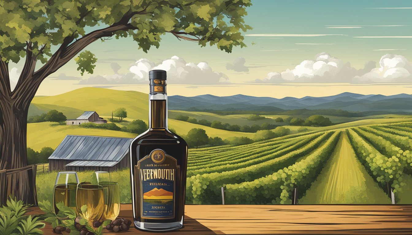 A rustic Texas landscape with rolling hills, a vineyard, and a distillery nestled among the countryside, with a bold "Texas Made Vermouth" logo displayed prominently