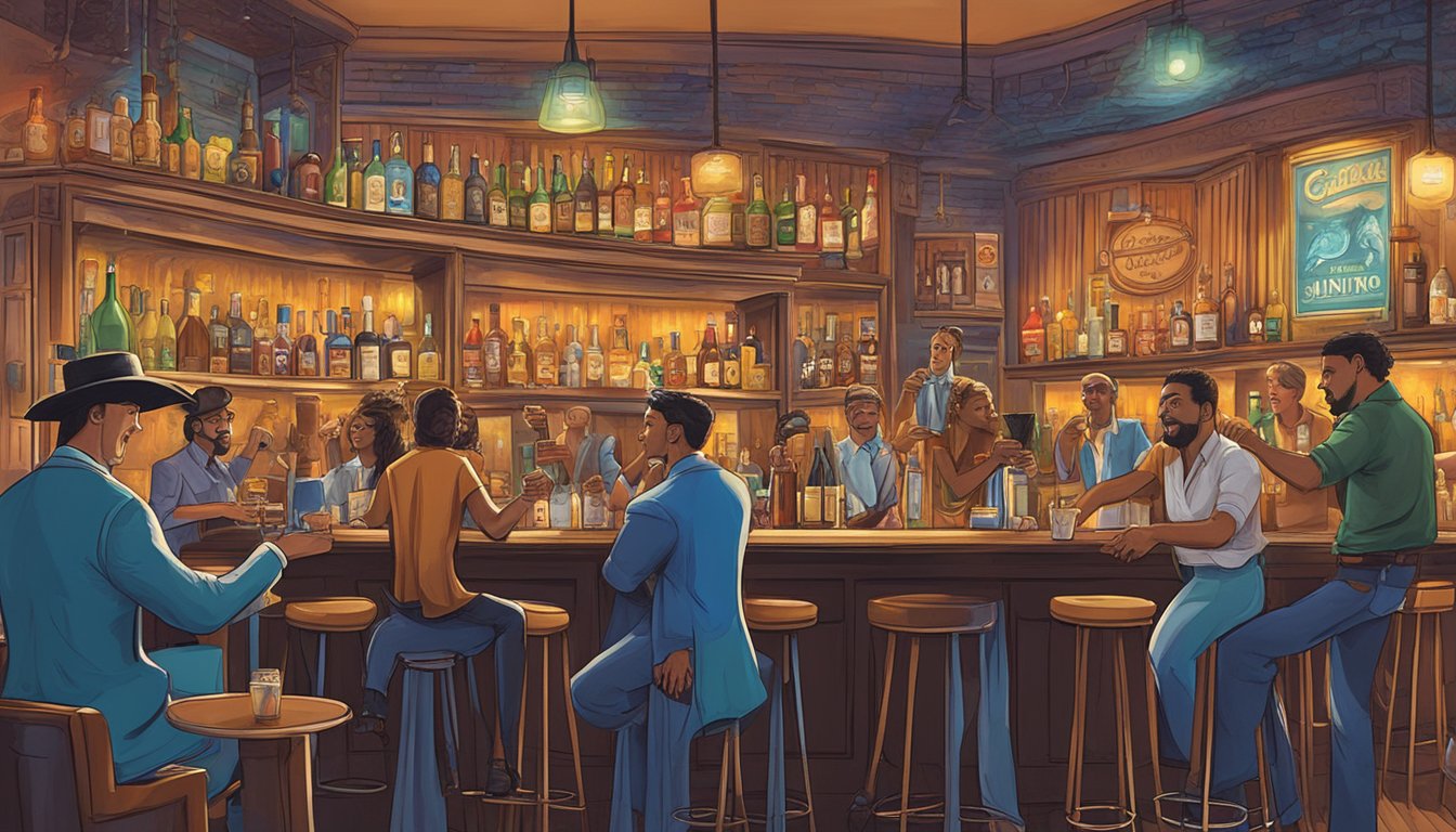 A lively bar scene with Texas music icons depicted on cocktail menus and specialty drinks being served