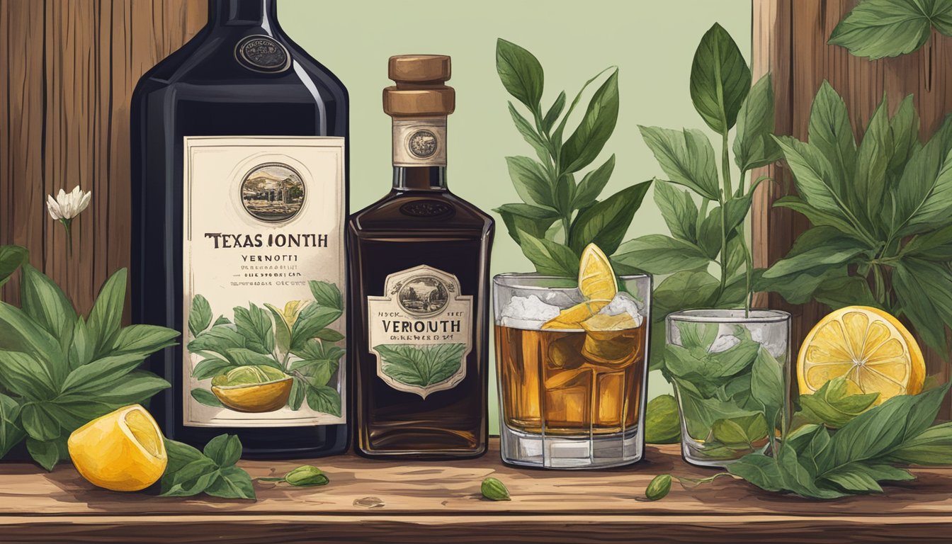 A bottle of Texas-made vermouth is displayed on a rustic wooden bar, surrounded by fresh botanicals and elegant glassware