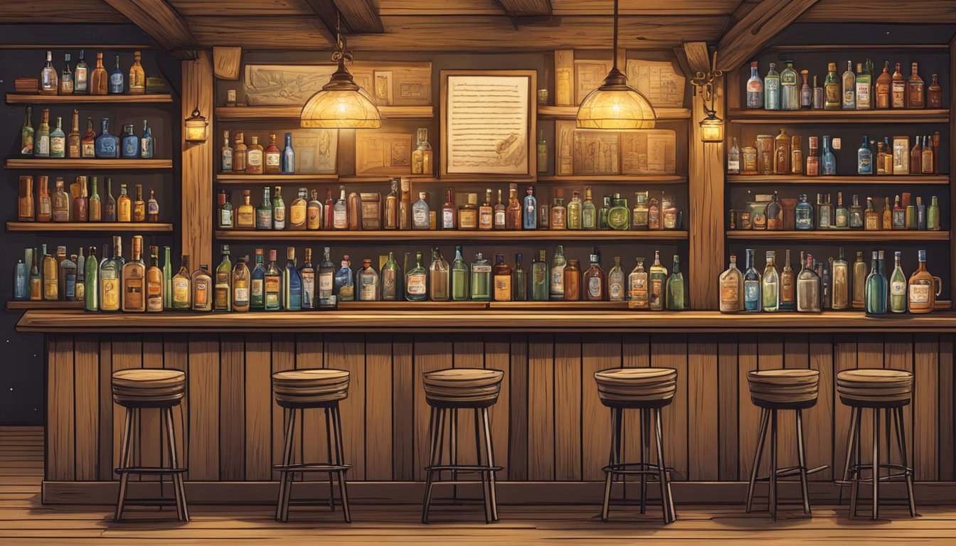 A rustic bar with Texas-themed decor, surrounded by shelves of classic literature. A mixologist creates cocktails using local ingredients