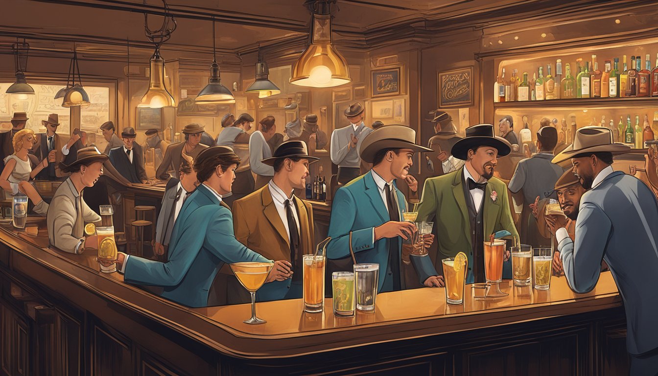 A lively bar scene with Texas music icons' images on cocktail menus, patrons enjoying drinks, and a prohibition-era vibe