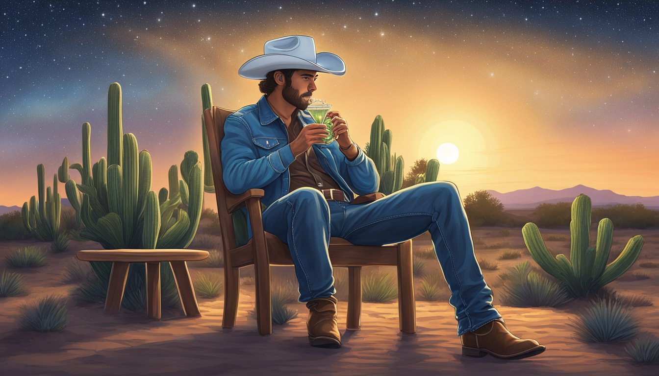 A lone cowboy sipping a margarita under a starry Texas sky