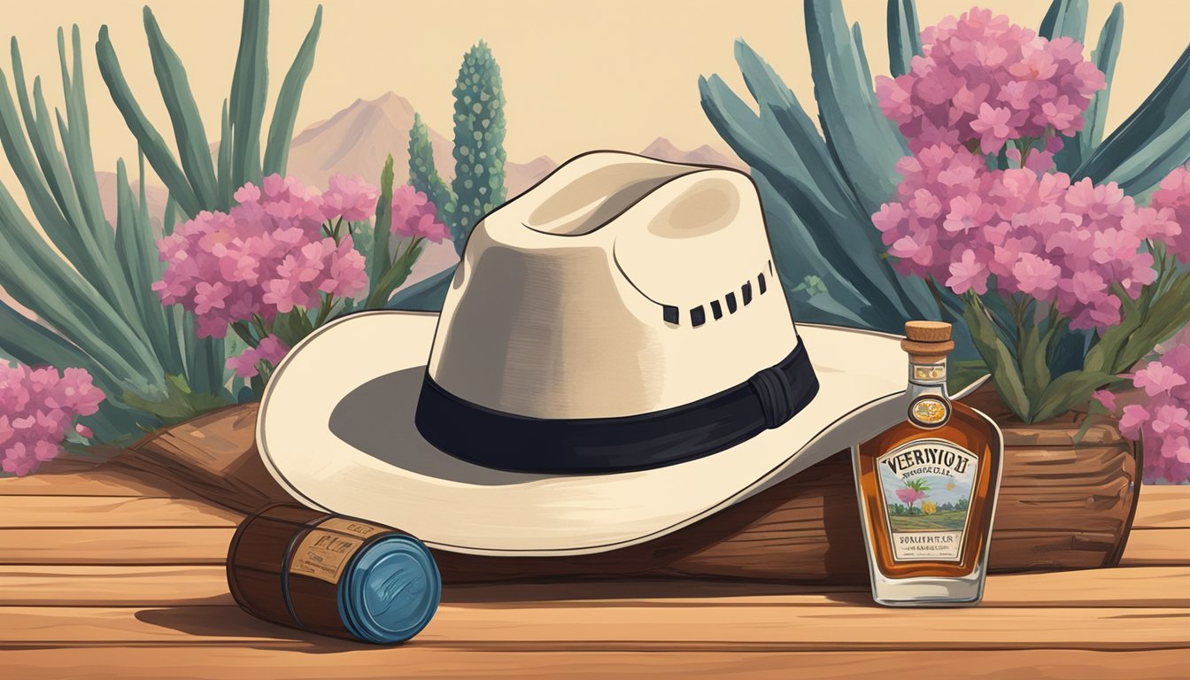 A lone cowboy hat rests on a wooden barrel, surrounded by blooming desert flowers and a bottle of Texas-made vermouth