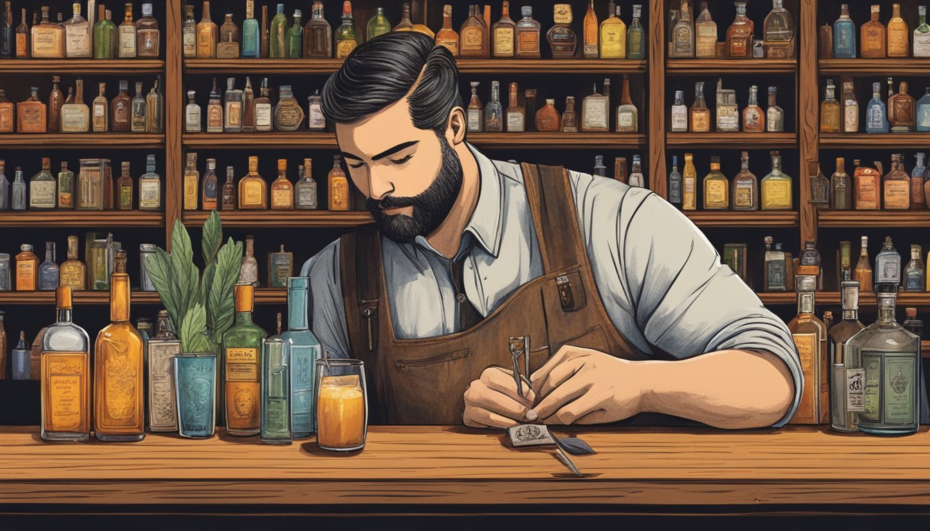 A rustic bar with Texas literature displayed, surrounded by shelves of unique ingredients and cocktail tools. A bartender expertly mixes a literary-inspired cocktail