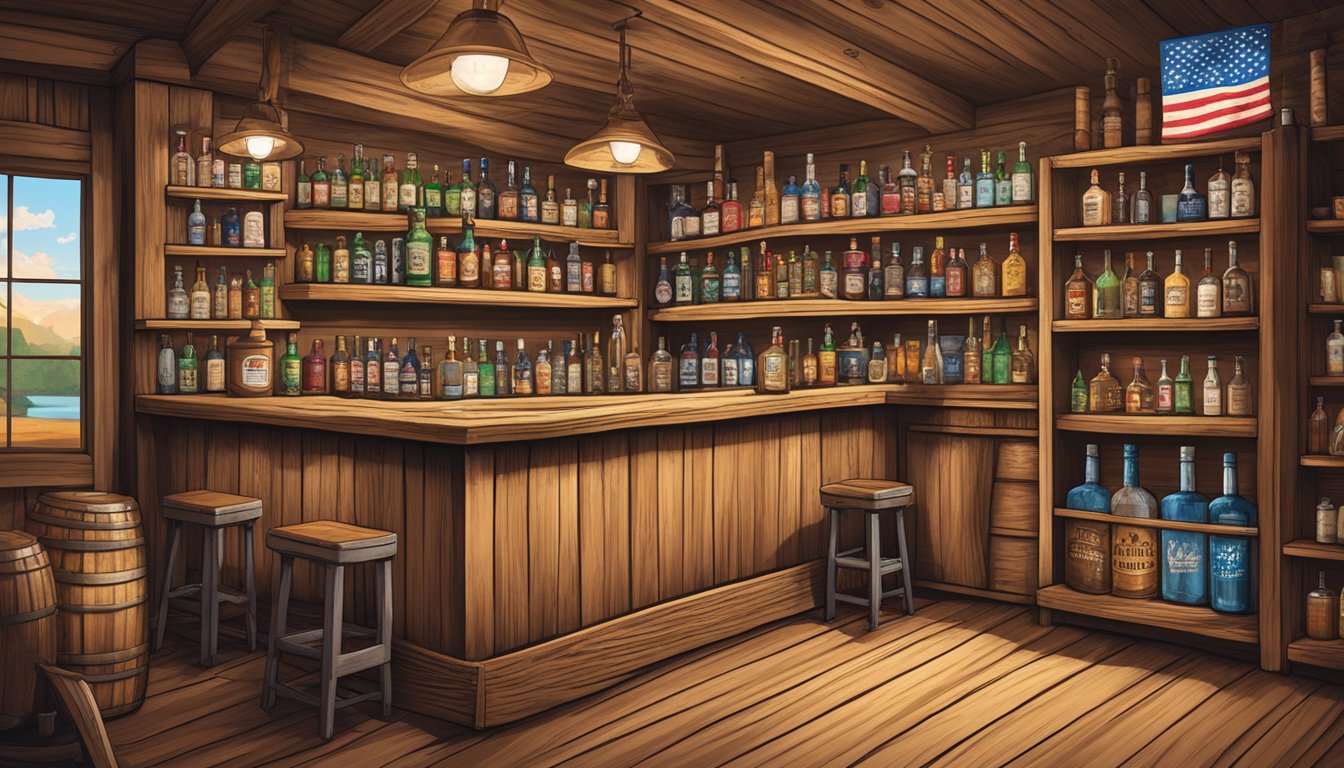 A rustic wooden bar adorned with cowboy hats and Texas flags, lined with bottles of whiskey, tequila, and local craft spirits, surrounded by shelves of classic Texan literature