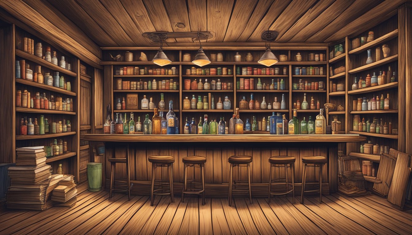 A rustic wooden bar adorned with cowboy hats and books, surrounded by shelves of Texas literature and ingredients for cocktail making