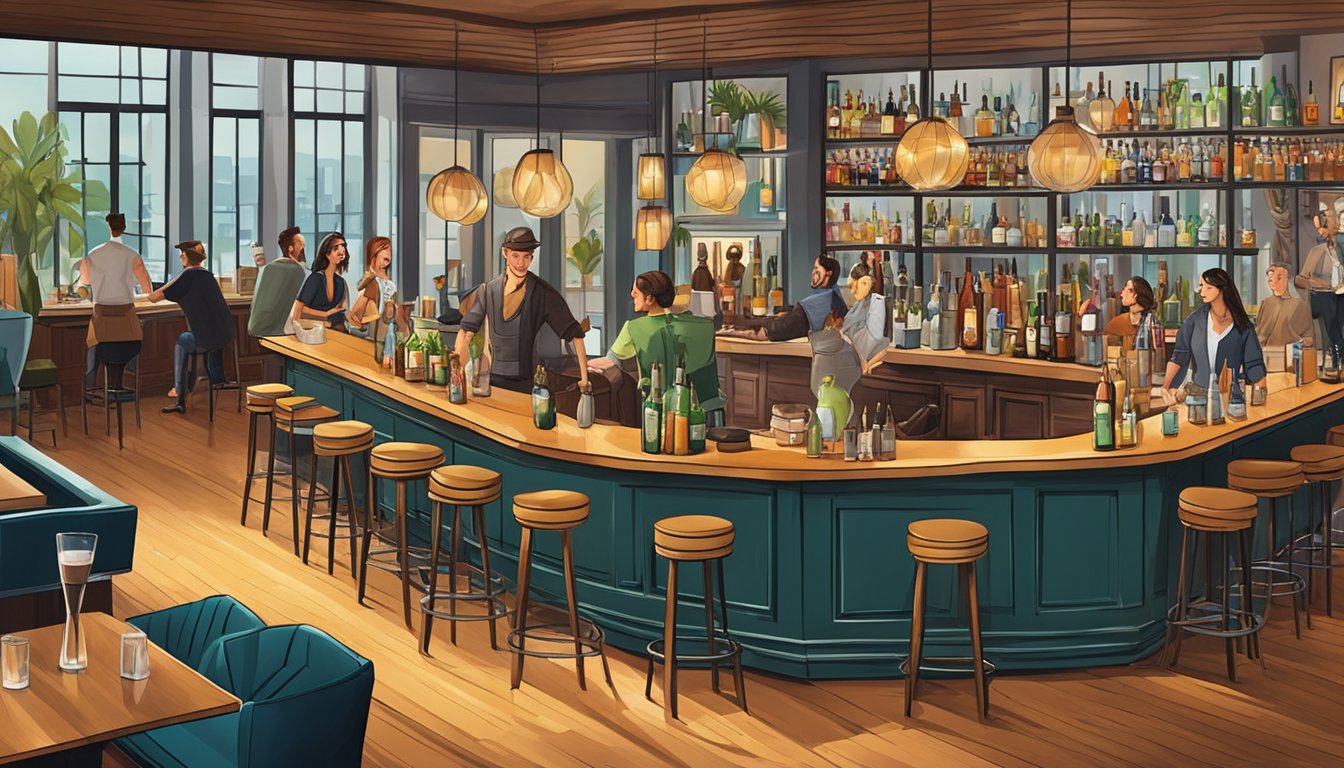 A bustling bar scene with modern, Texan-inspired cocktails being crafted and served amidst a backdrop of contemporary decor and lively conversation