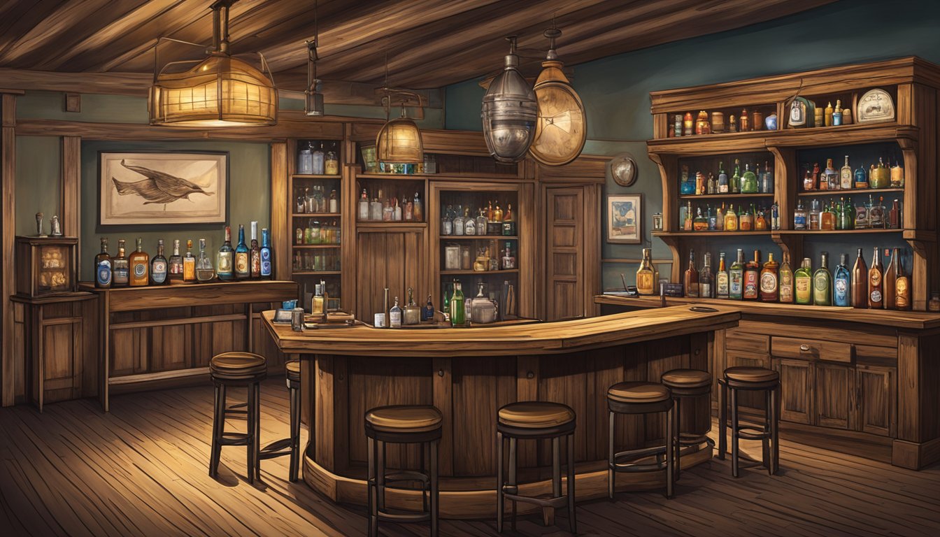 A rustic Texan saloon with modern cocktail ingredients and historical artifacts on the bar, blending past and present influences