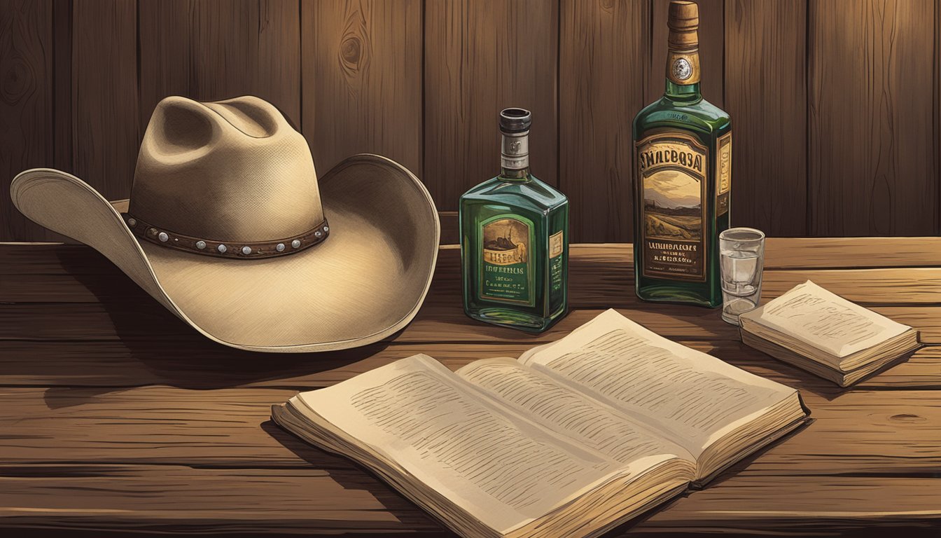 A lone cowboy hat rests on a weathered wooden bar, surrounded by bottles of local whiskey and a worn copy of a Texas novel