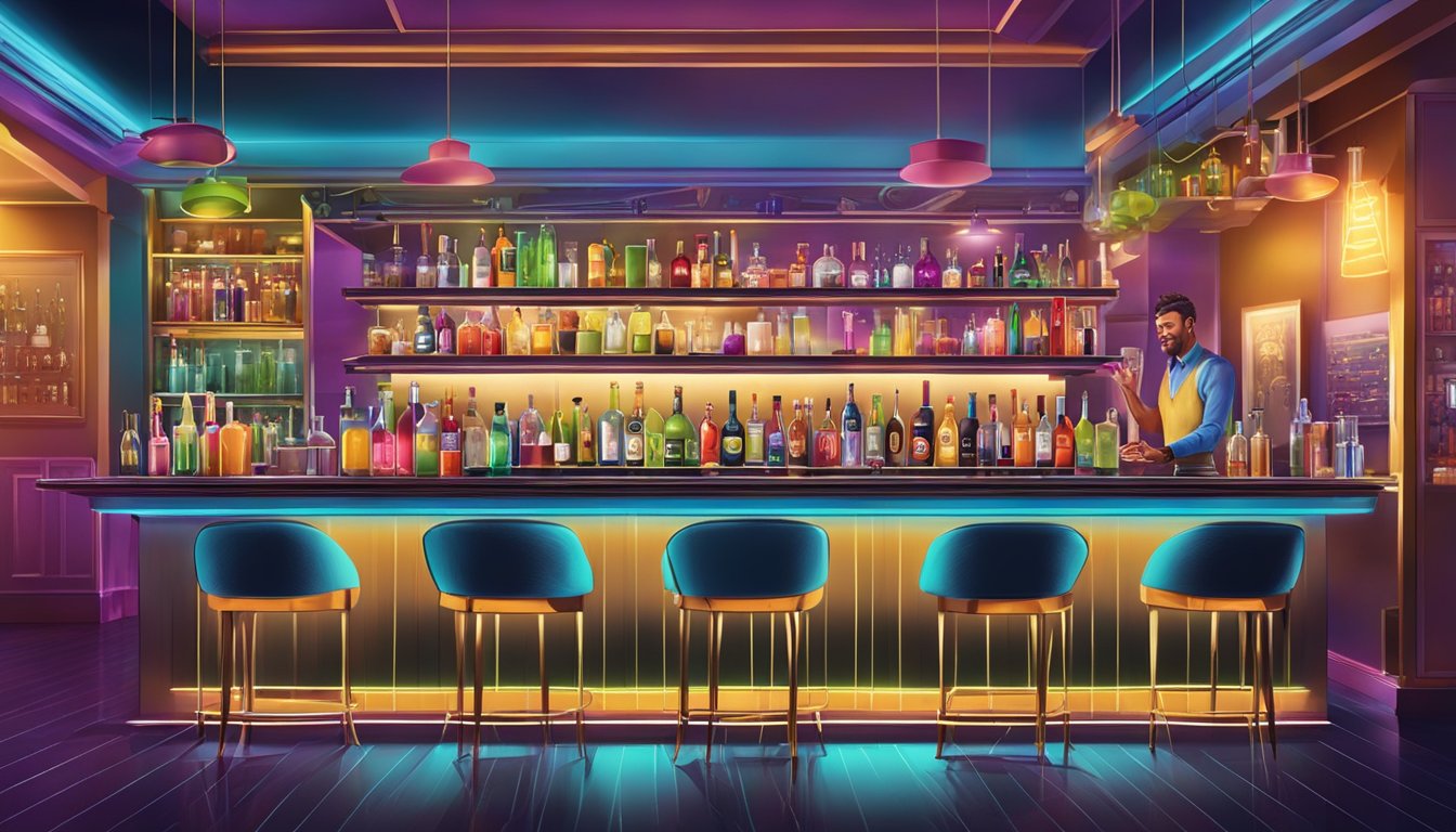 A bustling bar with modern decor, featuring a variety of unique and colorful cocktails being expertly crafted by mixologists. High energy and vibrant atmosphere