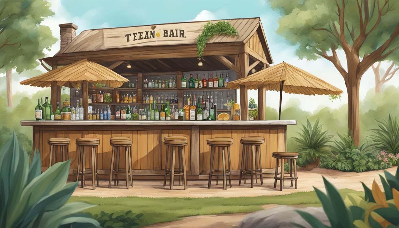 A rustic Texan bar with locally sourced ingredients and reusable glassware, surrounded by vibrant greenery and sustainable decor