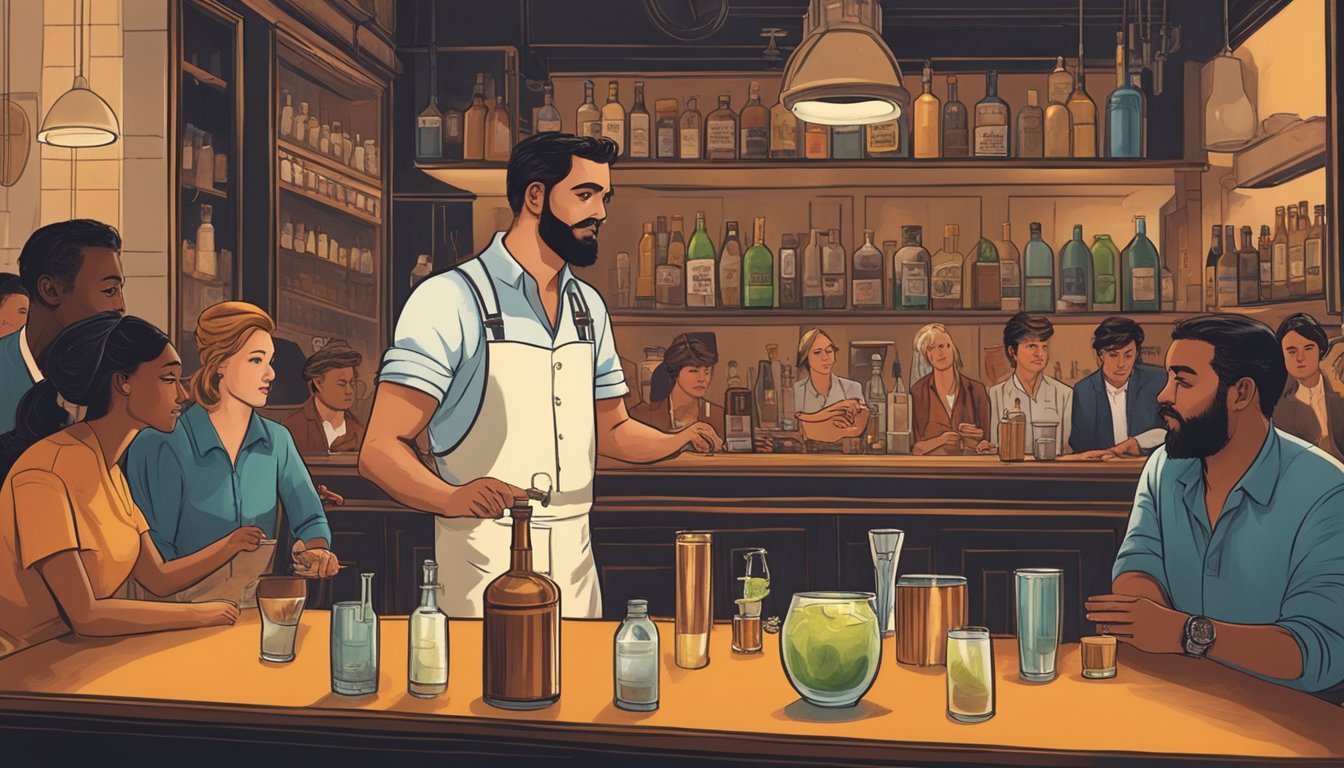 A bartender expertly mixes ingredients while a group of people watch and listen attentively to a presentation on the history and future of Texas cocktail culture