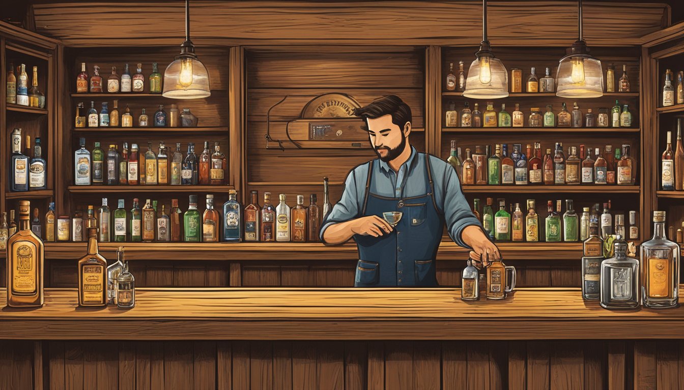 A rustic bar with shelves of local spirits, a mixologist expertly crafting a Texas-inspired cocktail, surrounded by Texan decor and a lively atmosphere