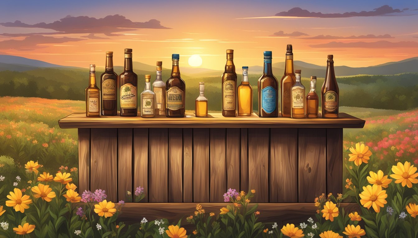 A rustic wooden bar with shelves of mead bottles, surrounded by Texas wildflowers and a warm sunset