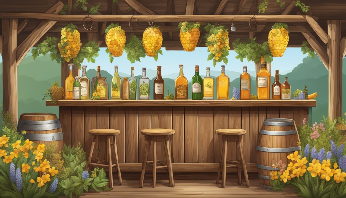 A rustic wooden bar adorned with Texas wildflowers and honeycomb, surrounded by bottles of mead, fresh fruits, and herbs for crafting cocktails