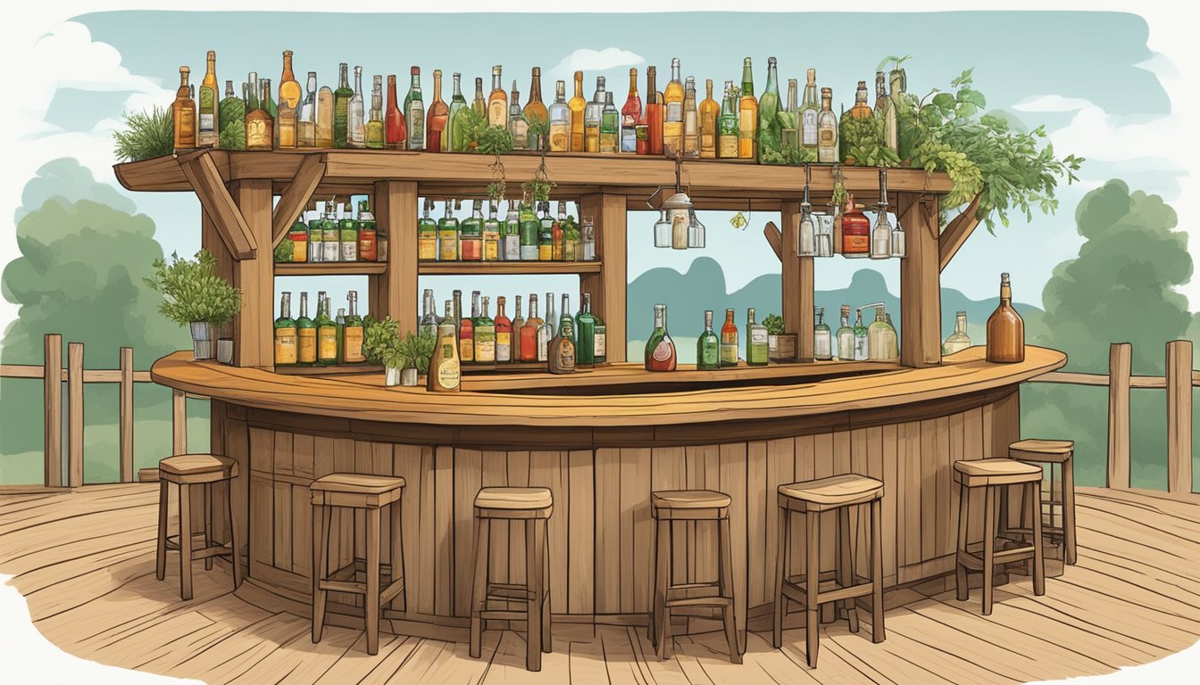 A rustic wooden bar adorned with various bottles of Texas mead, fresh fruits, and herbs for crafting unique mead cocktails