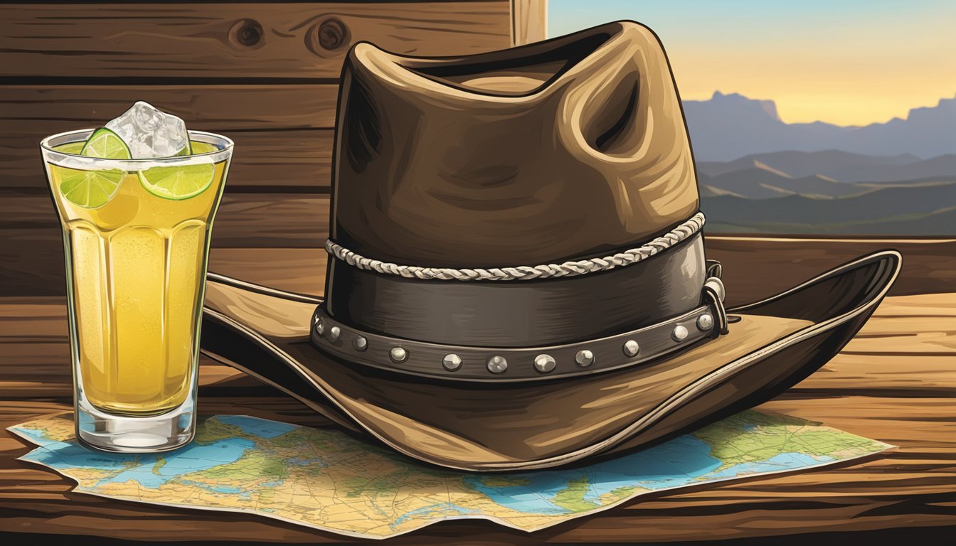 A cowboy hat and boots sit next to a margarita glass and a bottle of tequila on a rustic wooden bar, with a map of Texas in the background