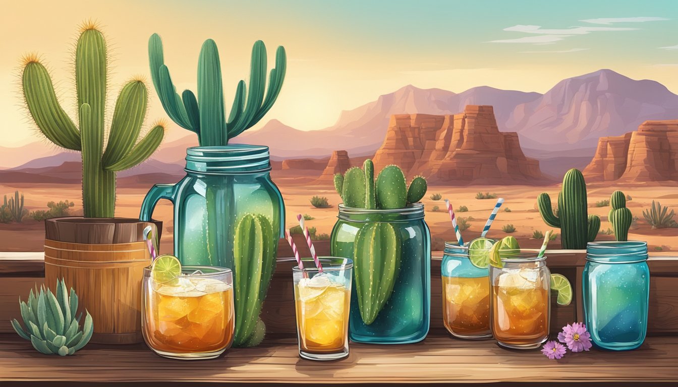 A rustic bar with cowboy boots as decor, surrounded by cacti and desert landscape, with a colorful cocktail served in a mason jar