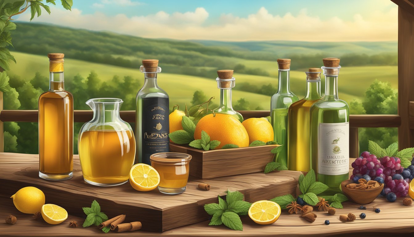 A rustic wooden table with various bottles of mead and spirits, surrounded by fresh fruits, herbs, and spices, set against a backdrop of the Texas countryside