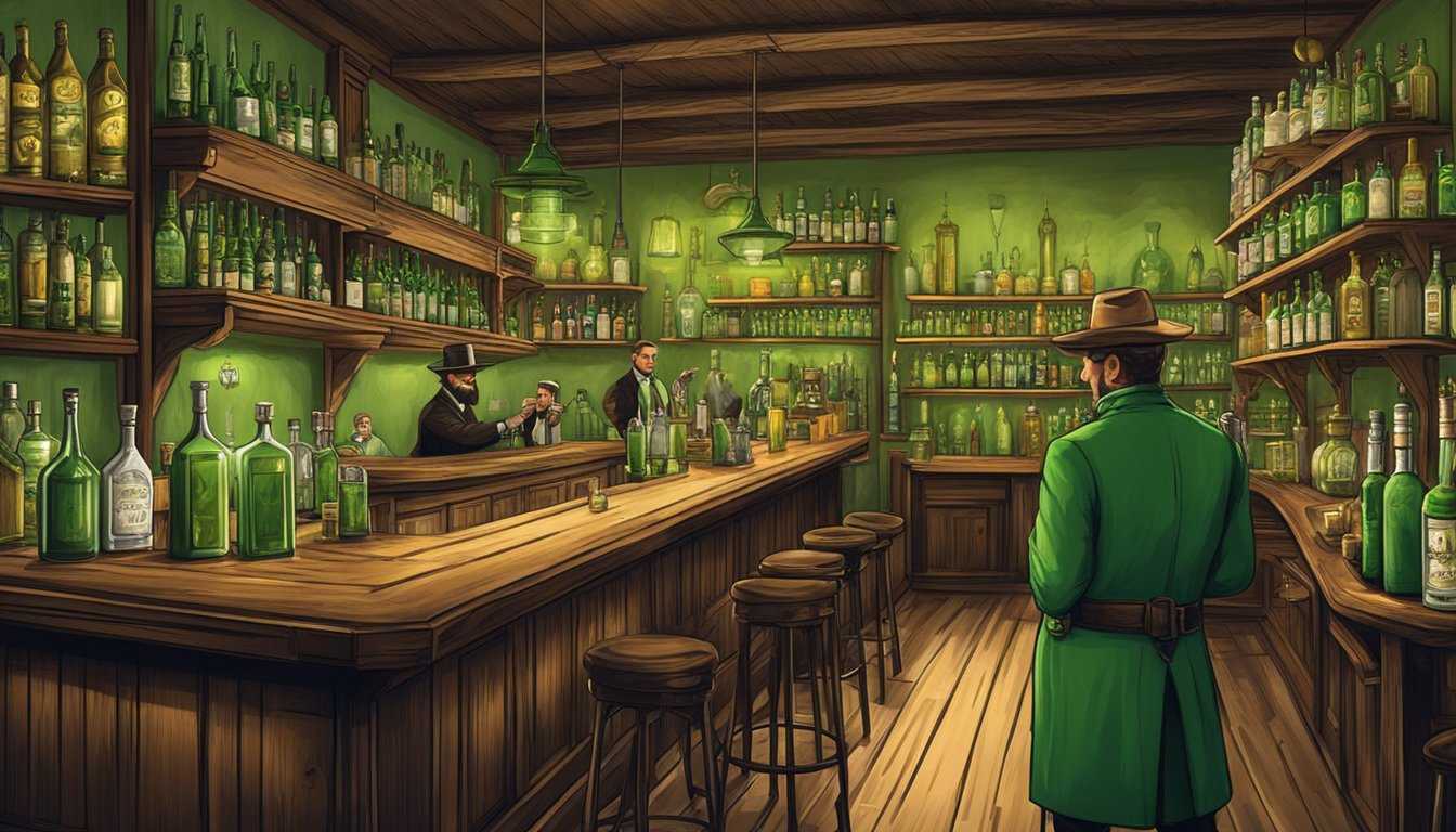 A rustic Texan bar with shelves of absinthe bottles, a bartender crafting vibrant green cocktails, and patrons sipping and enjoying the rich history of absinthe