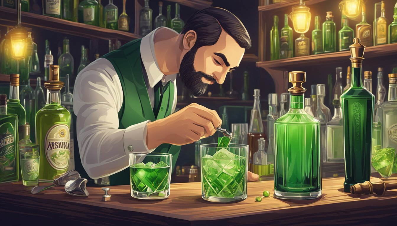 A bartender carefully pours green absinthe into a crystal glass, surrounded by vintage cocktail tools and bottles of premium spirits