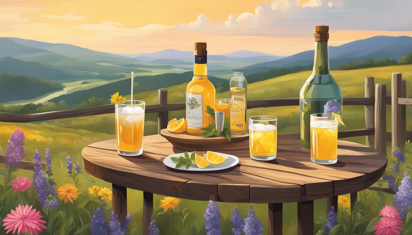 A rustic table with various mead cocktails, surrounded by Texan wildflowers and a backdrop of rolling hills