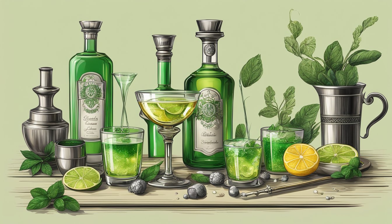 A vintage bar setting with a crystal glass filled with green absinthe, surrounded by a selection of classic cocktail ingredients and garnishes