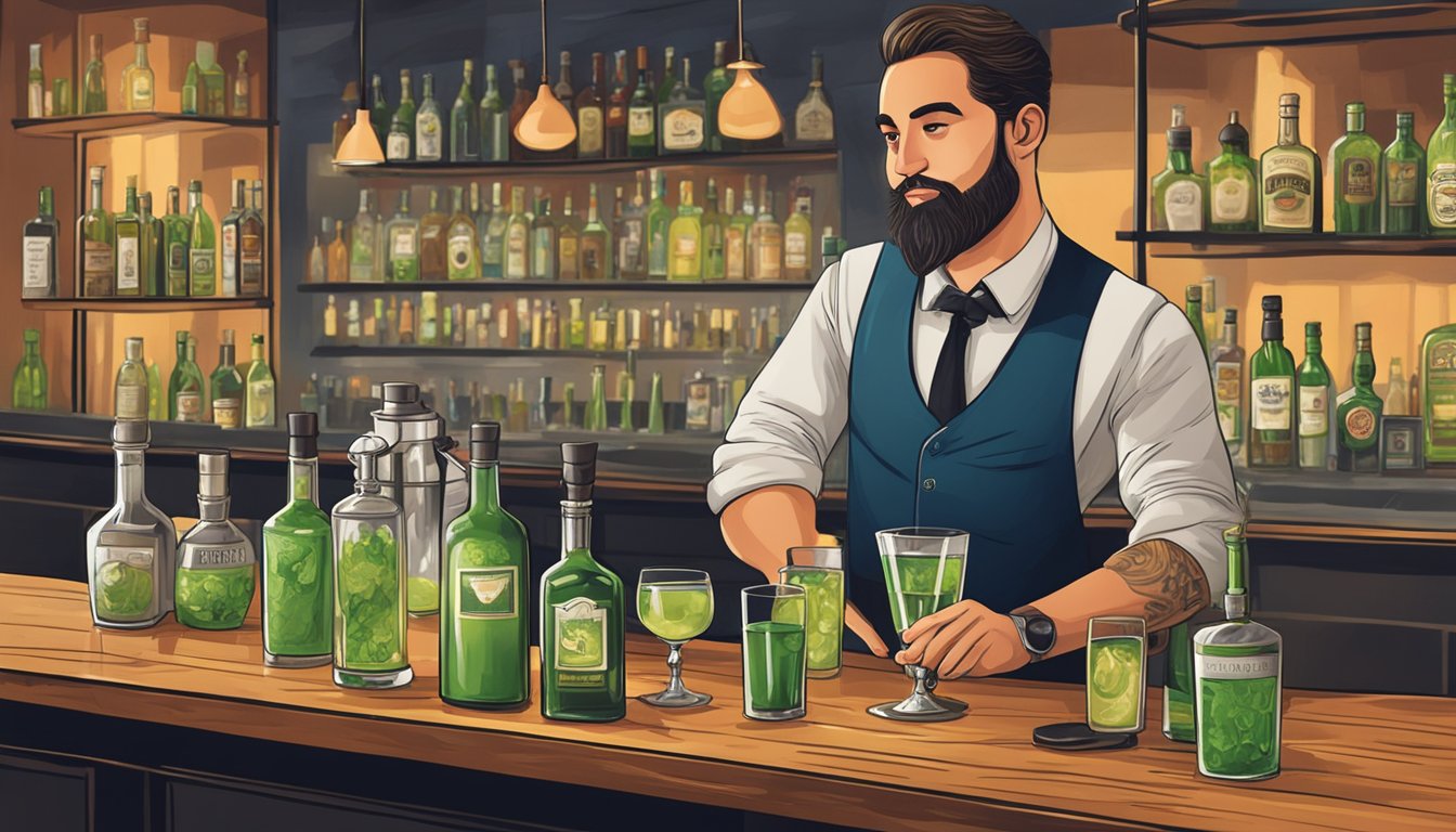 A bartender expertly mixes Texas absinthe with local ingredients in a modern, upscale bar setting