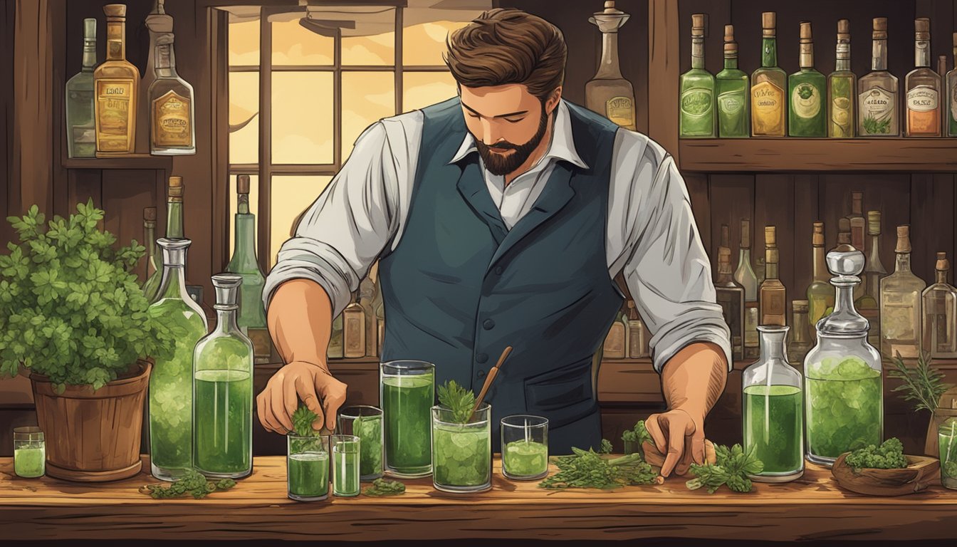 A rustic bar setting with a bartender expertly mixing Texas absinthe cocktails, surrounded by an array of fresh herbs and spices, creating an enticing aroma